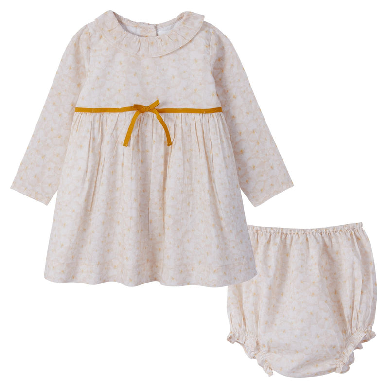 Baby Girls Beige Pansy Printted Dress&Knickers With Mustard Yellow Ribbon - CÉMAROSE | Children's Fashion Store - 1