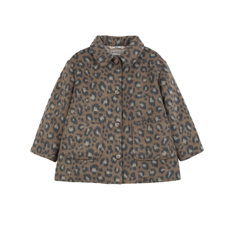 brushed leopard ruffle trim coat