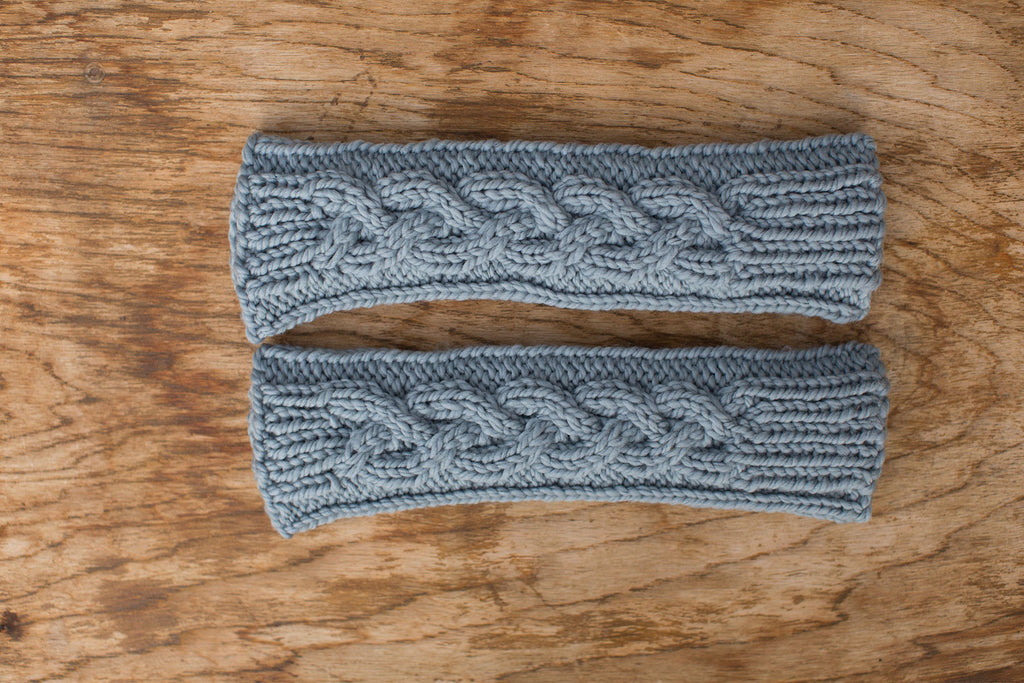 Grey wrist warmers. Handmade by the TOM BIHN Ravelry group for the TOM BIHN crew.