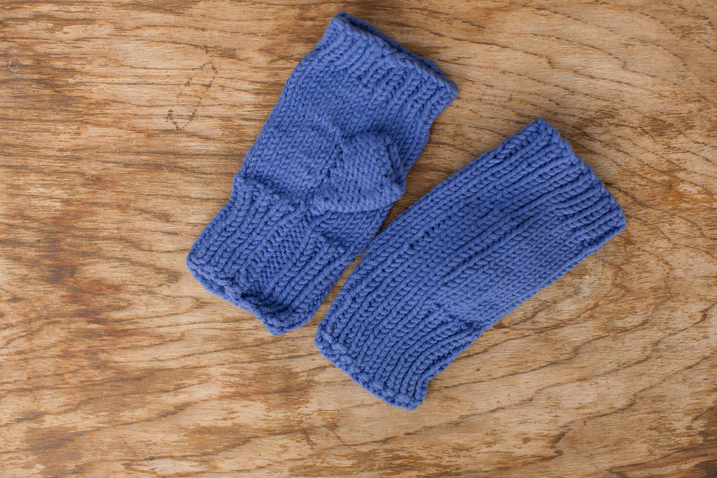Medium blue fingerless gloves. Handmade by the TOM BIHN Ravelry group for the TOM BIHN crew.