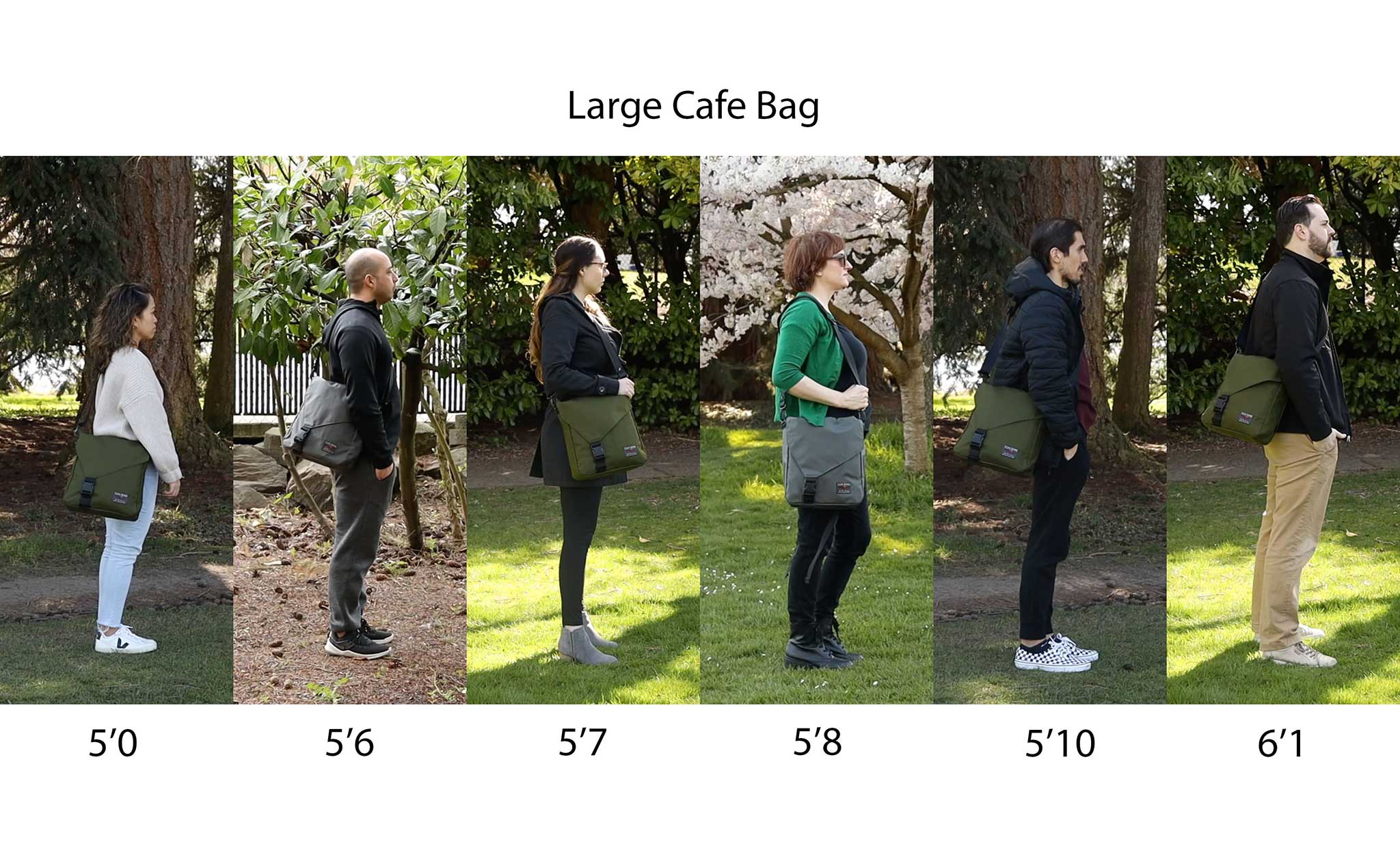 Large Cafe Bag being worn by people of various heights standing side-by-side