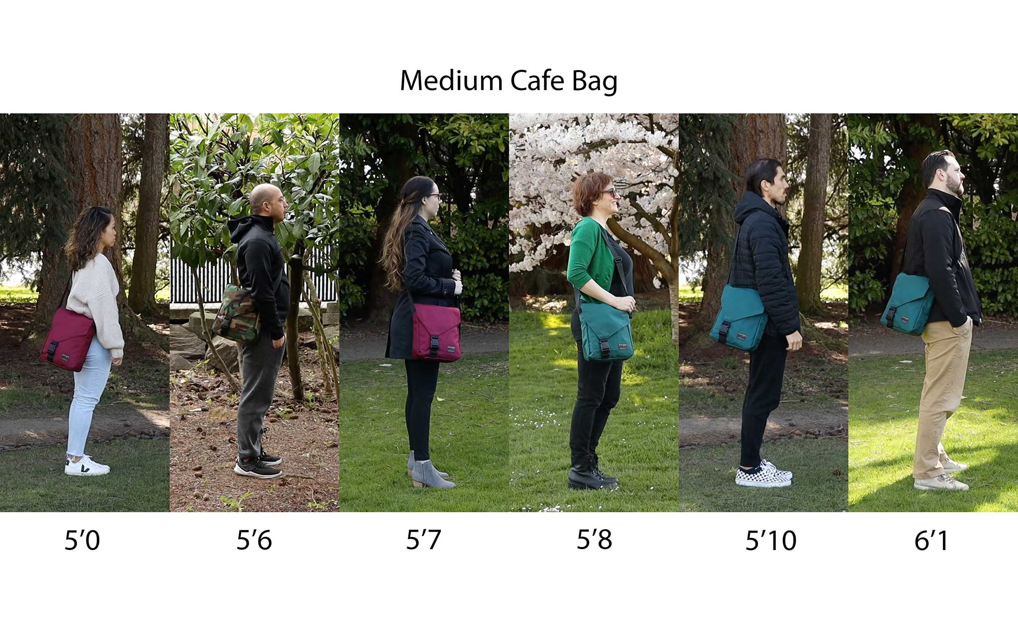 Medium Cafe Bag worn side-by-side by people of various heights