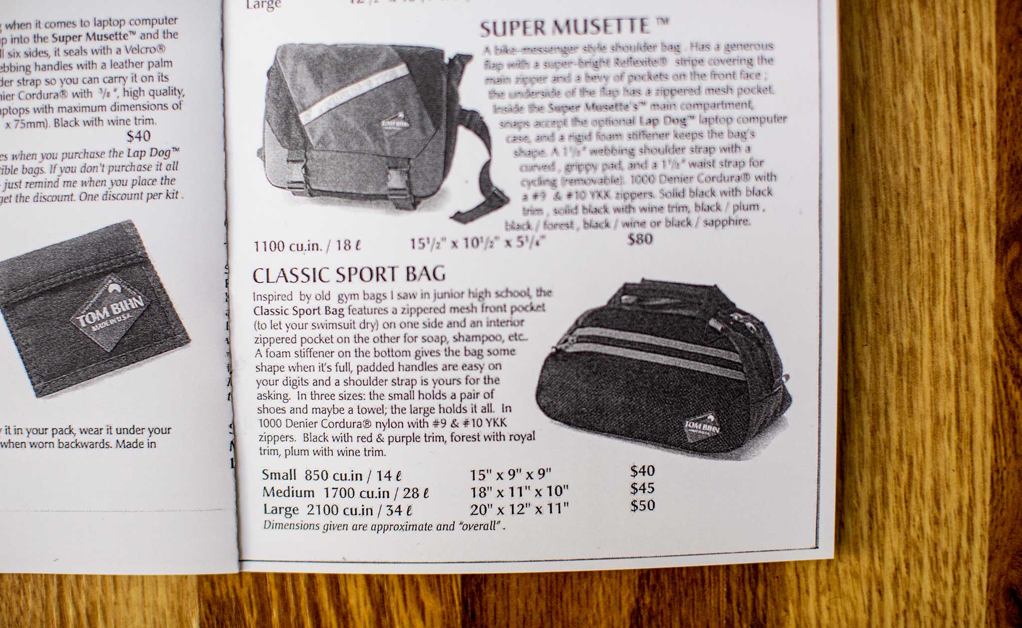 Photo of a TOM BIHN catalog from the 1990's featuring the Classic Sport Bag.