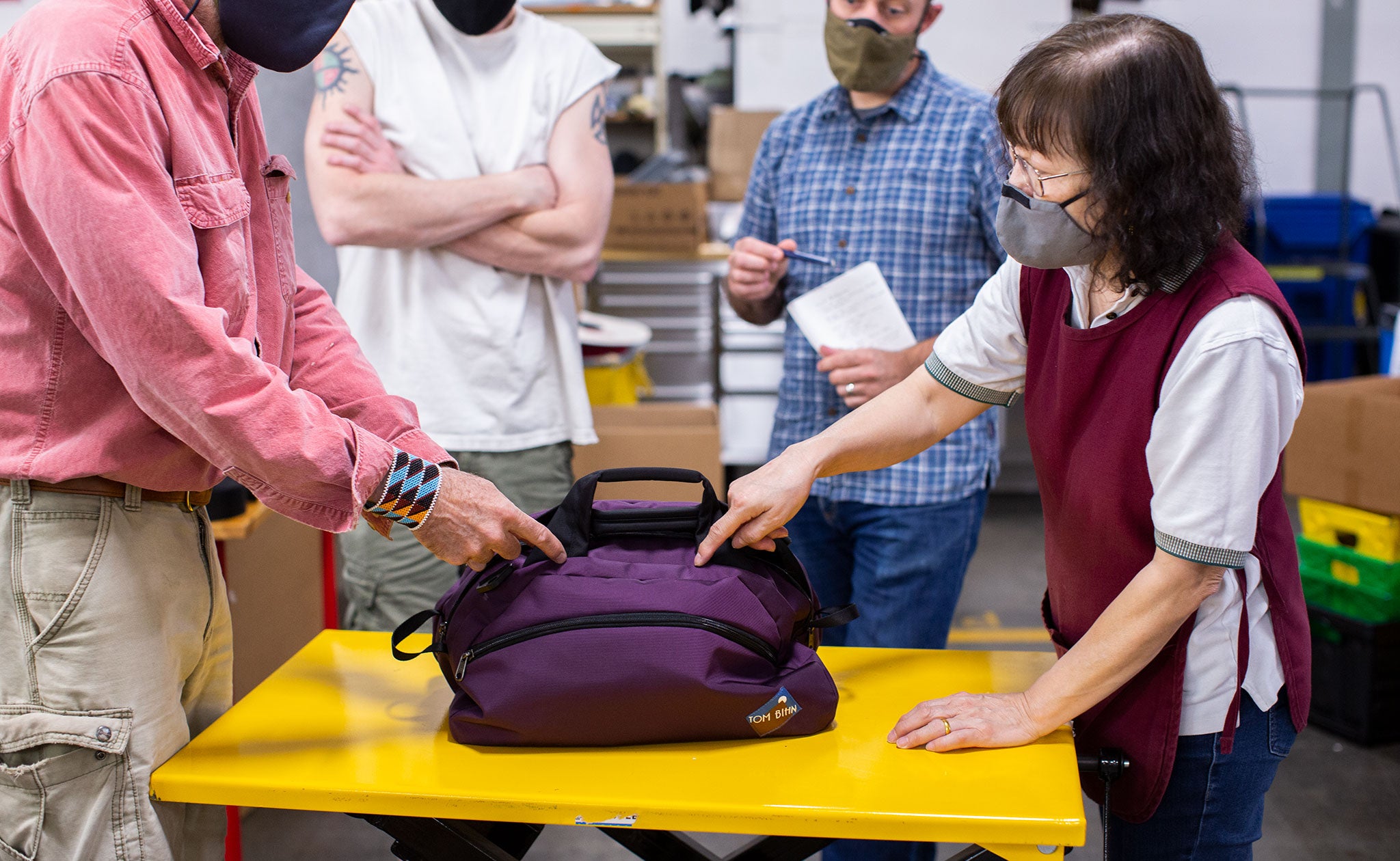 Photo from the pre-production batch meeting for the OSCA in the TOM BIHN factory.