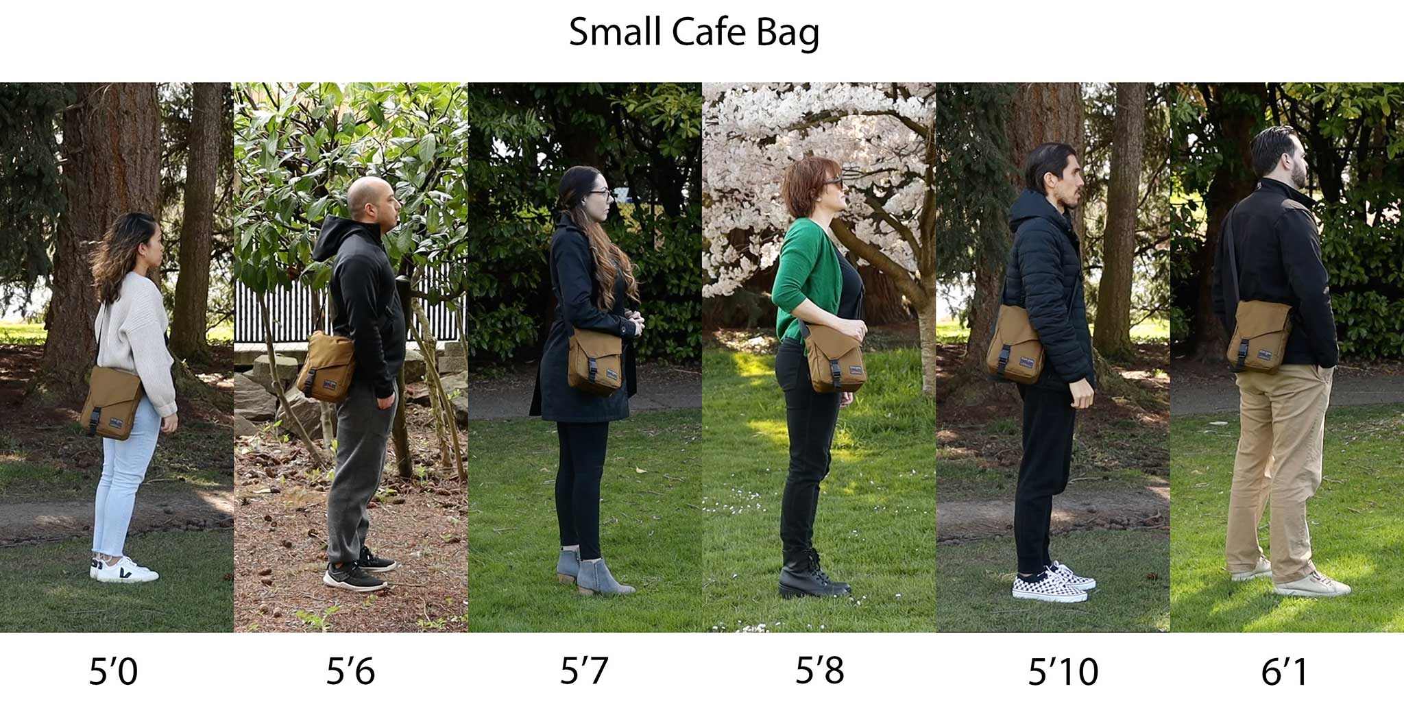 Small Cafe Bag worn by people of various heights