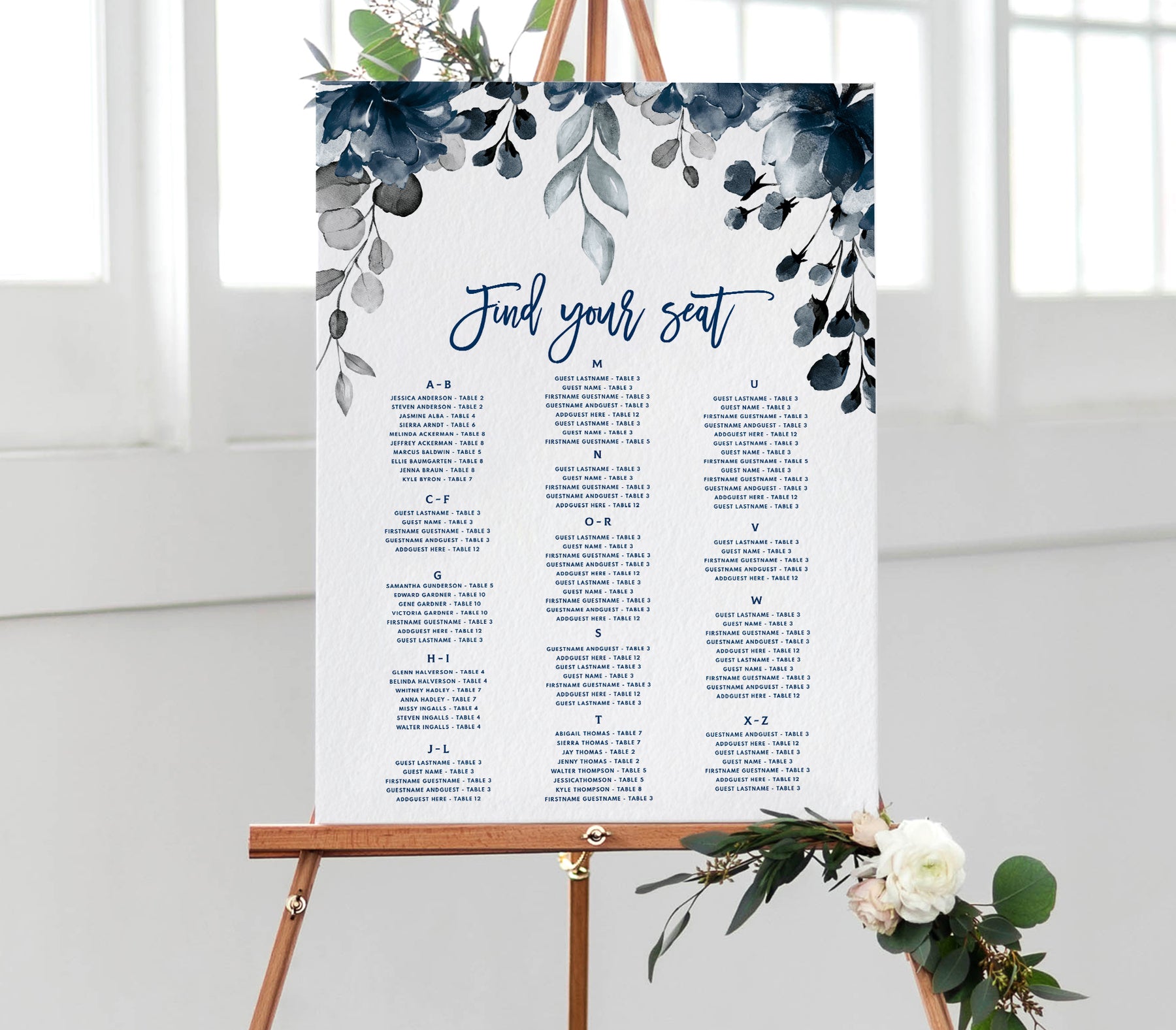 Alphabetical Seating Chart Poster Secret Garden Navy Blue 18x24