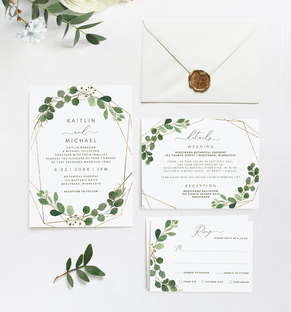 Wedding Invitation Template Suite Set | 5 x 7 | Geometric Eucalyptus
