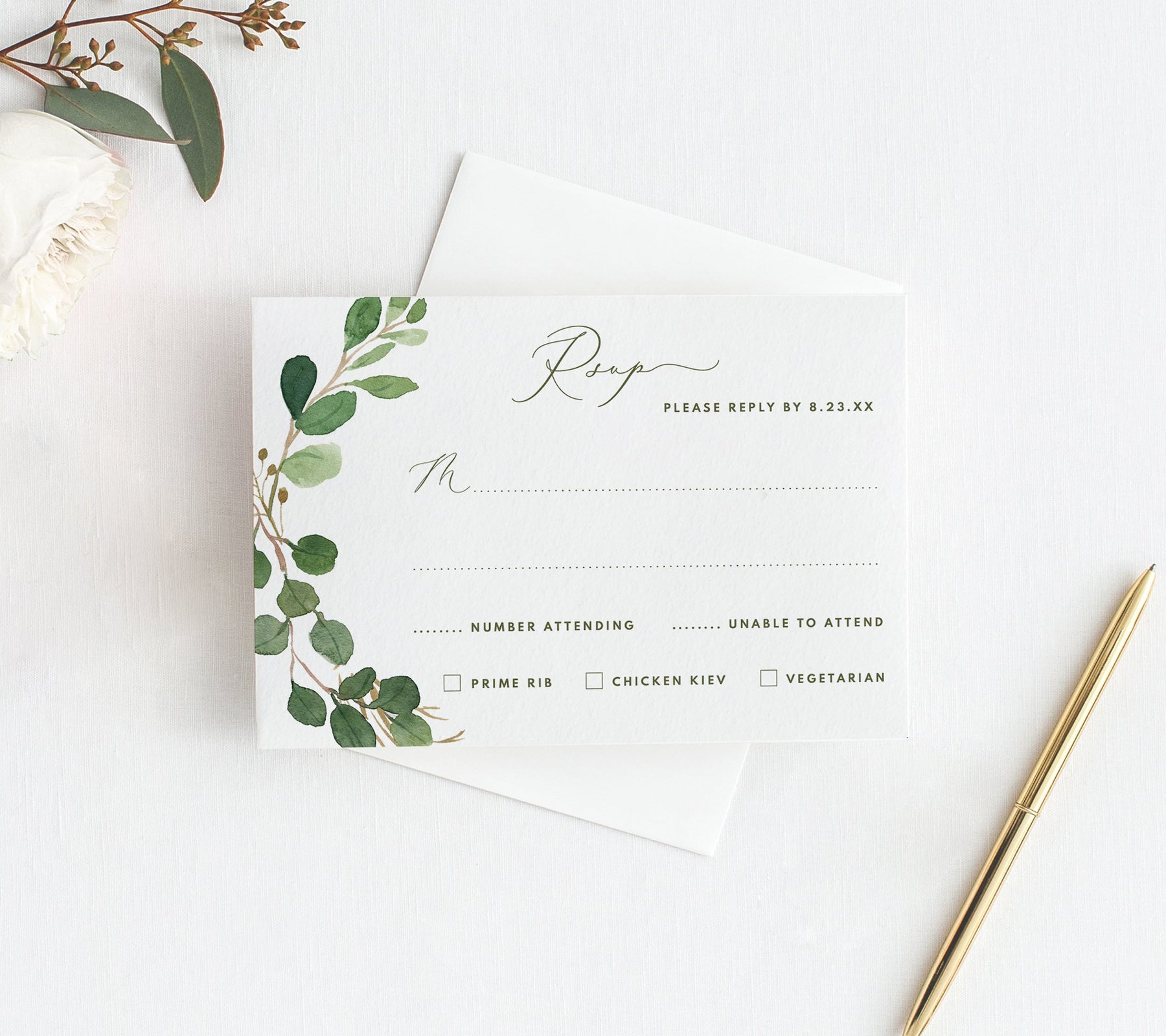 RSVP Card Template  Geometric Eucalyptus  Templett 20.20x20 – Karma Throughout Template For Rsvp Cards For Wedding