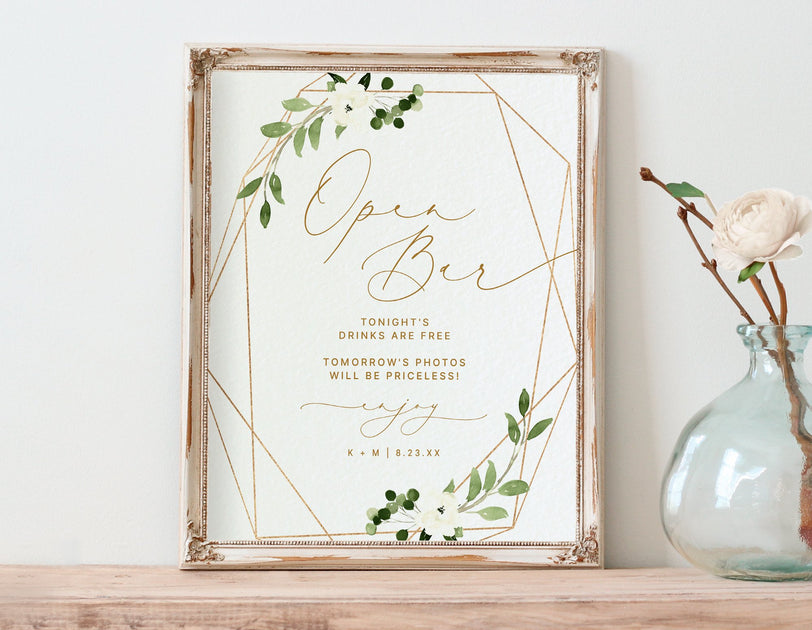 Open Bar Wedding Sign Geometric Greenery Templett 8x10