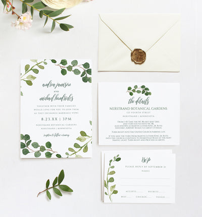 Wedding Invitation Template Suite Set | 5 x 7 | Eucalyptus Leaves | Ed ...