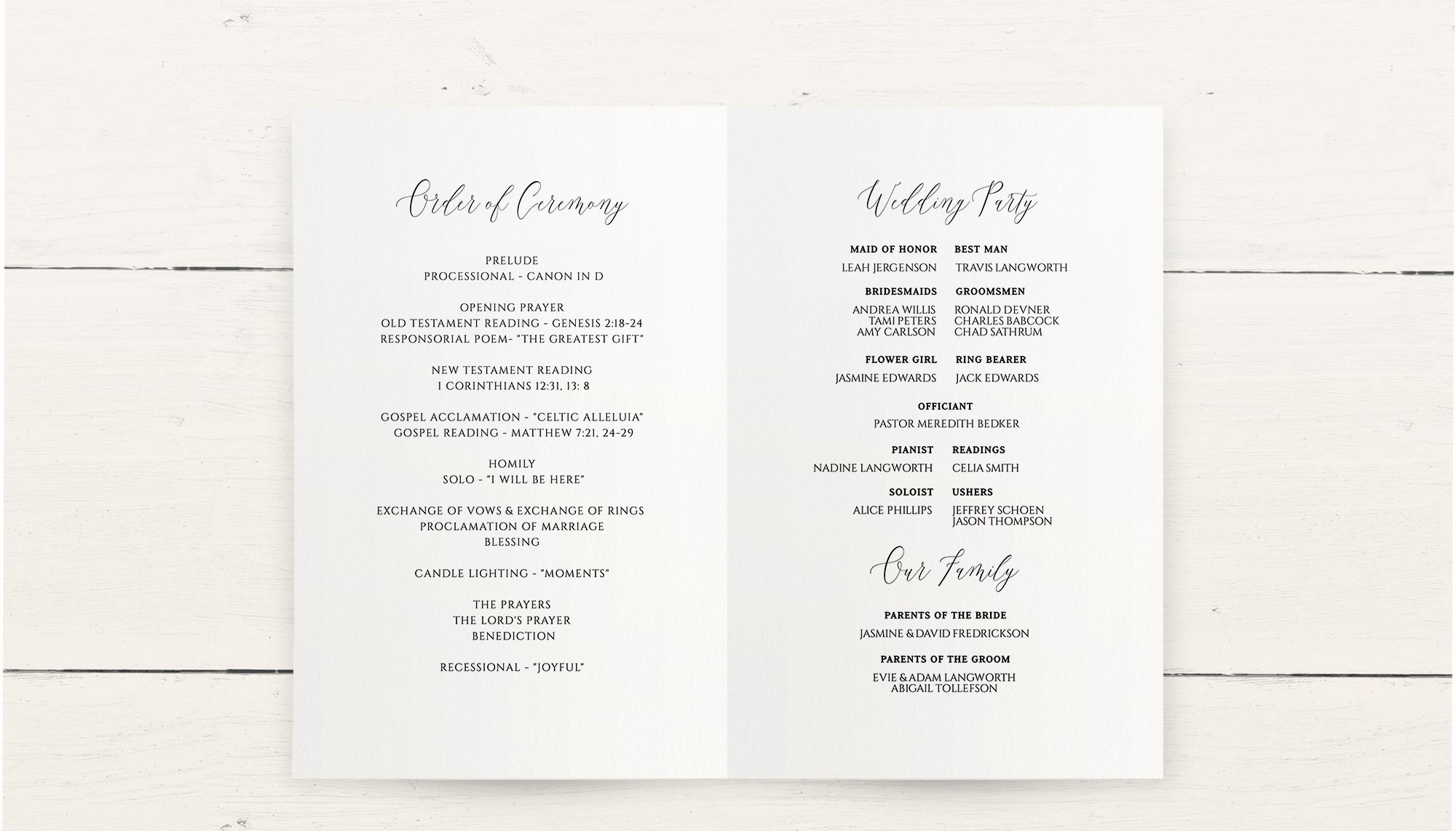 Folded Wedding Program Template Foldover Booklet Modern Calligraph