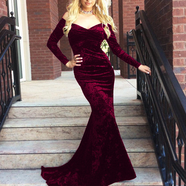 off the shoulder long sleeve prom dress