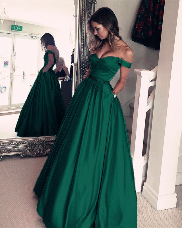 off the shoulder green prom dress