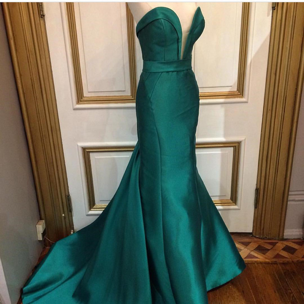 emerald green satin formal dress