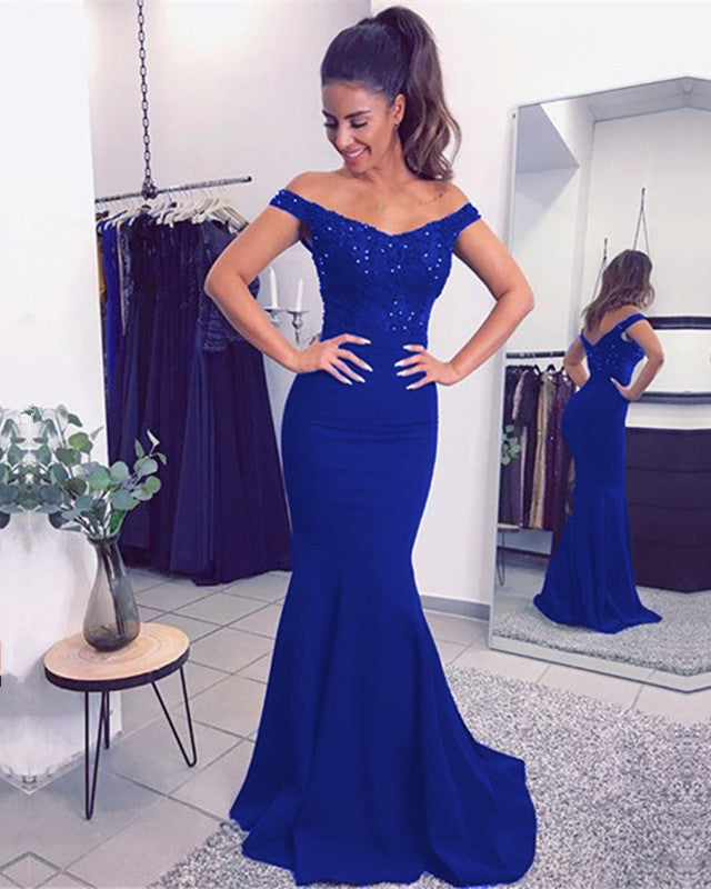 cobalt blue off the shoulder dress