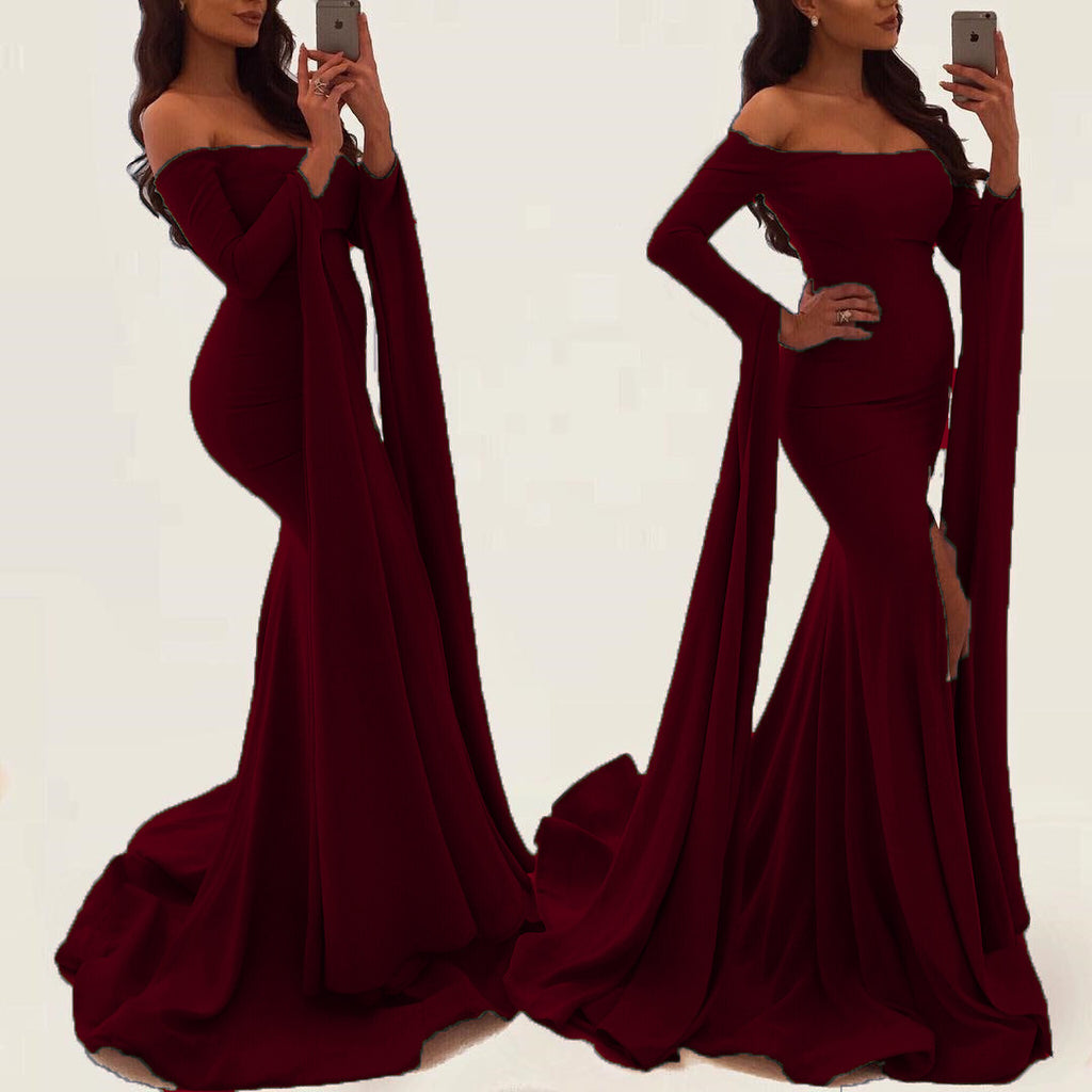 off shoulder long sleeve formal dress