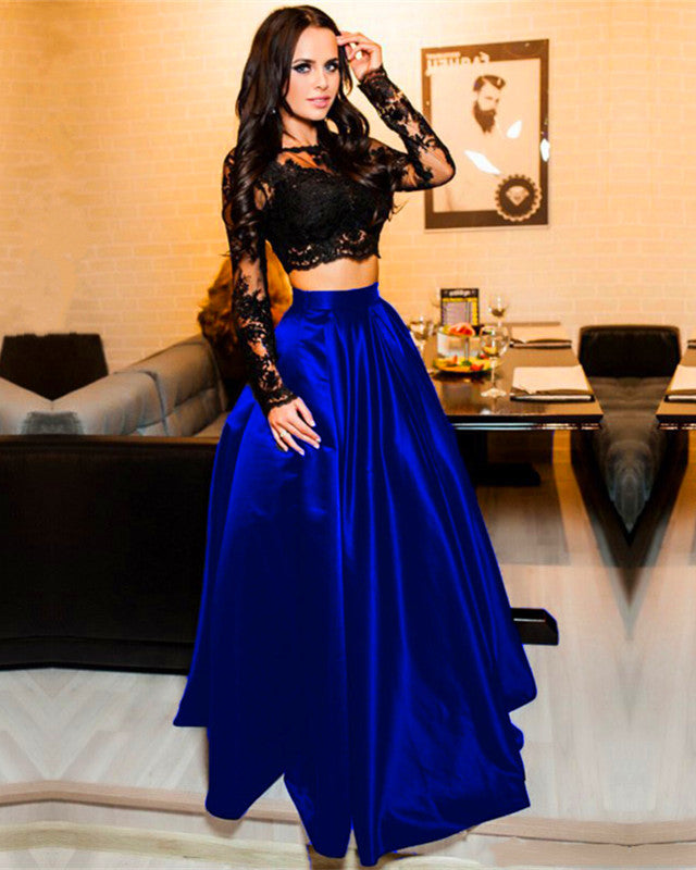 blue two piece prom dress