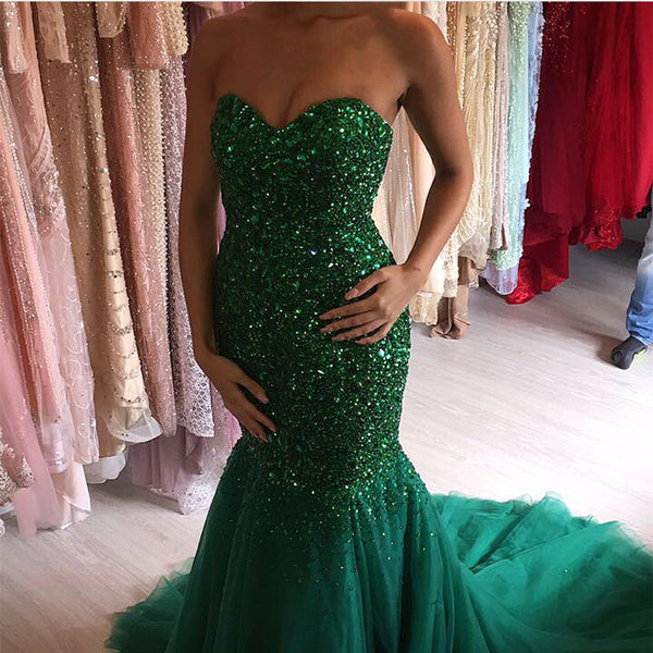 Luxury Crystal Beaded Mermaid Evening Dresses Sweetheart Prom Gowns ...