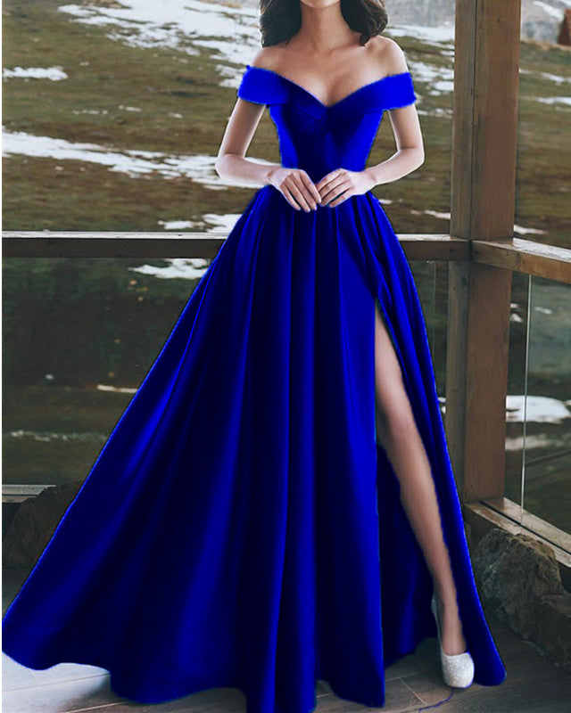 Elegant V Neck Off The Shoulder Long Satin Prom Dresses Alinanova