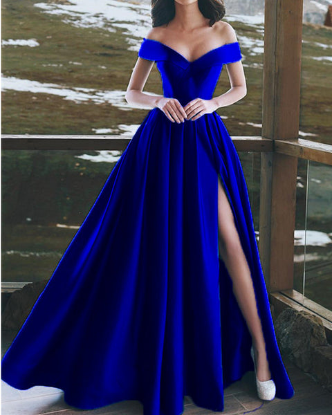 Elegant V-neck Off The Shoulder Long Satin Prom Dresses – alinanova