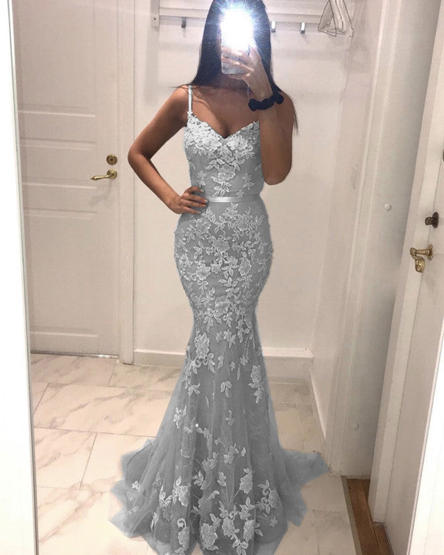 mermaid silver prom dress