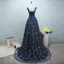 Load image into Gallery viewer, Glitter Stars Sequins Long Tulle Navy Blue Party Dress With Cap Sleeves
