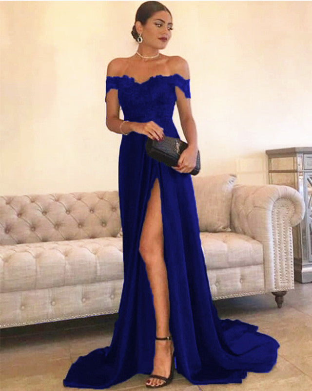 Leg Slit Satin Prom Dresses Lace Off The Shoulder Evening Gowns Alinanova 5003