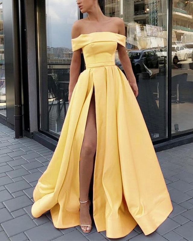 yellow off shoulder gown