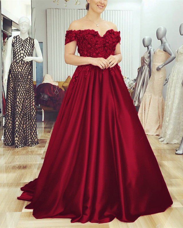 A-line Floor Length Satin Evening Dress Lace Embroidery – alinanova