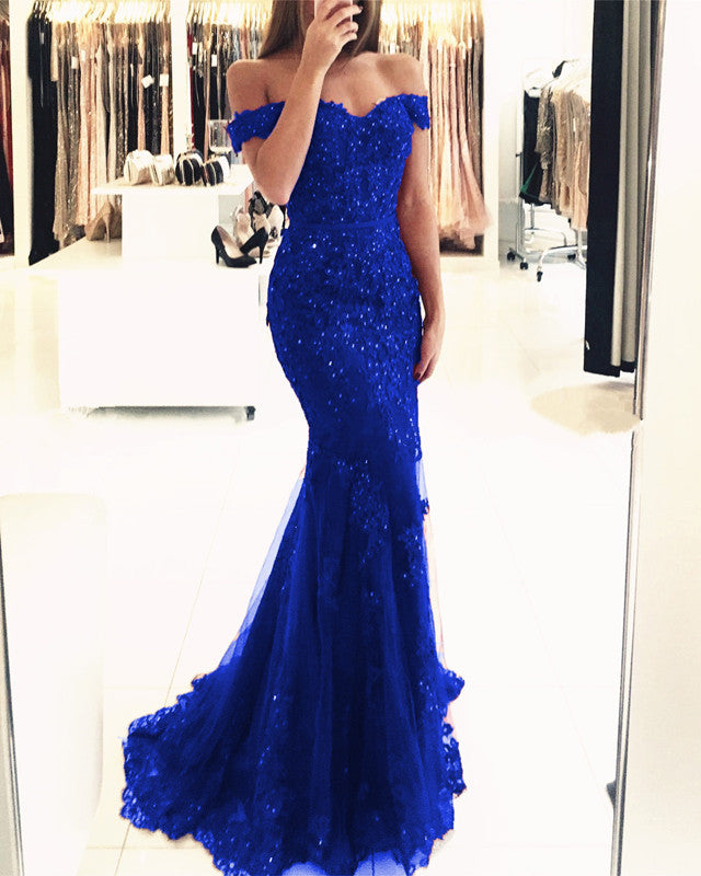 royal blue off the shoulder mermaid dress