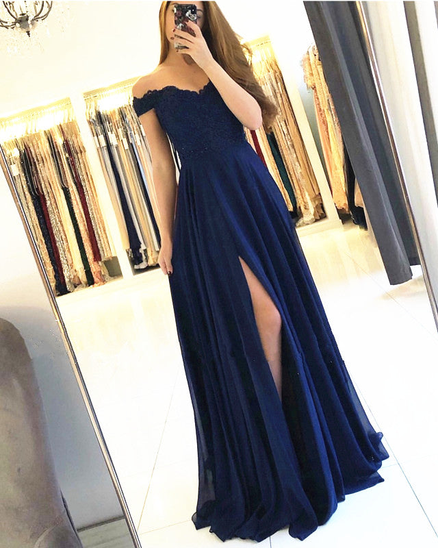 navy off the shoulder bridesmaid dress