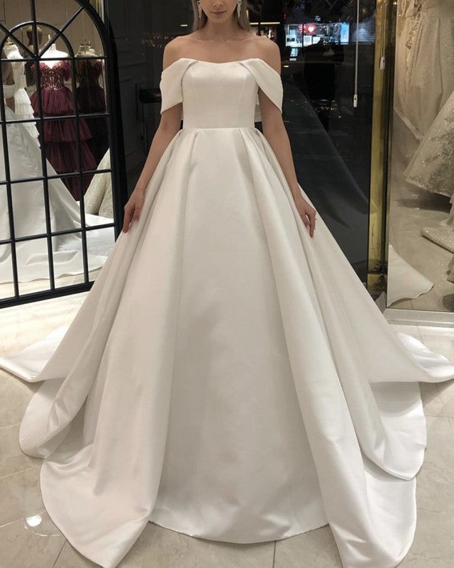 Elegant Princess Wedding Dress Ball Gown Satin Off The Shoulder – alinanova