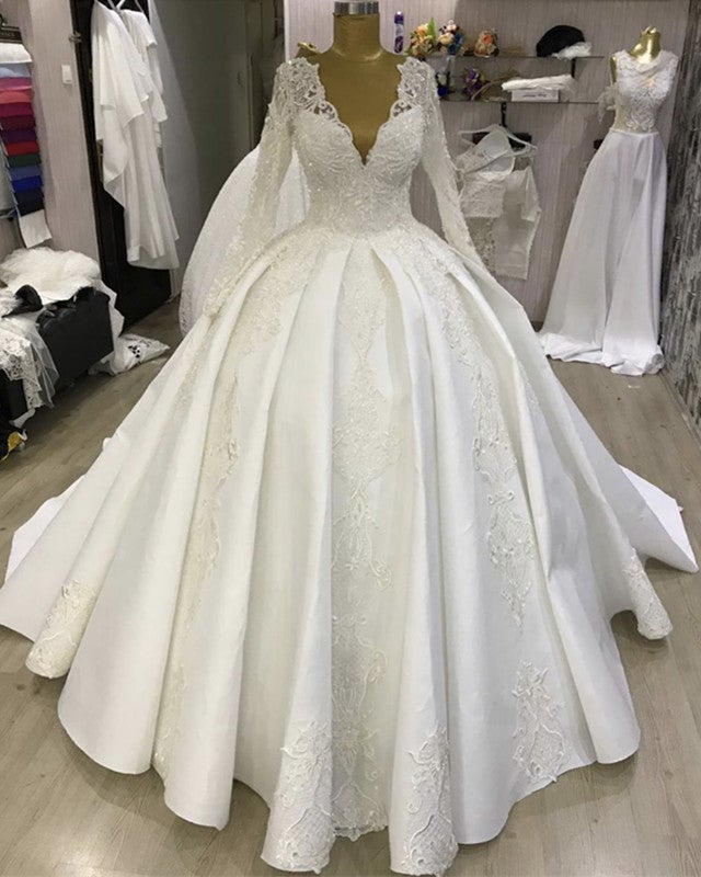 Ball Gown Wedding Dress V Neck Lace Embroidery Long Sleeves – alinanova