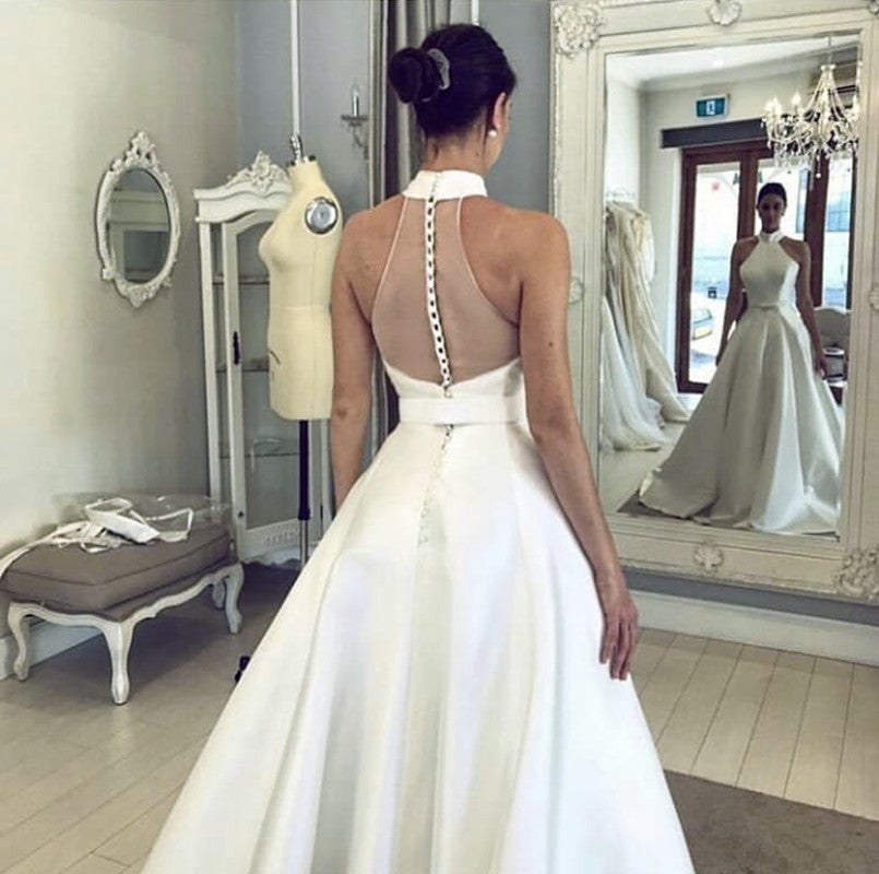 Ball Gowns Floor Length Satin Halter Wedding Dresses – alinanova
