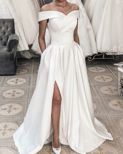 Beach Satin Wedding Dresses Split Off Shoulder With Pockets – alinanova