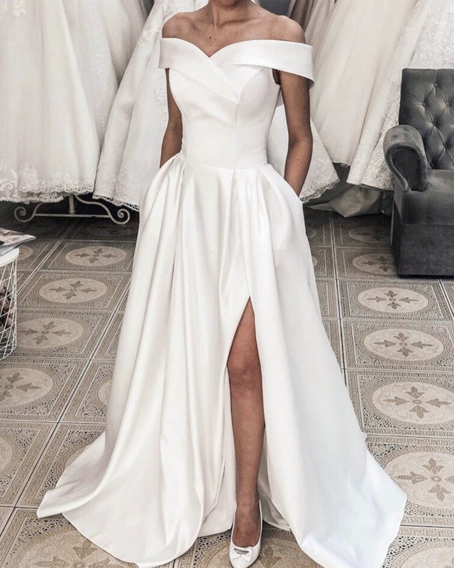 Beach Satin Wedding Dresses Split Off Shoulder With Pockets – alinanova