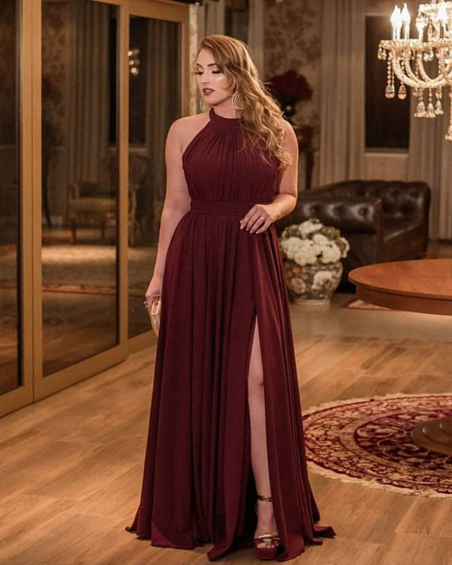 burgundy floor length bridesmaid dress