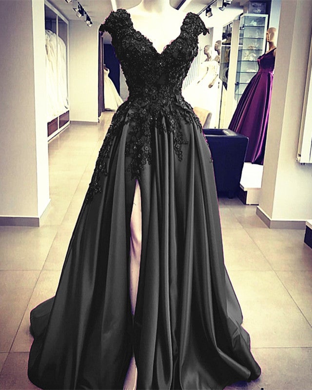 Long Satin Lace Beaded Prom Dresses Cap Sleeves – alinanova