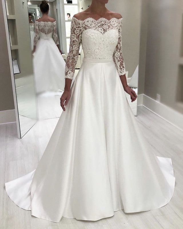 wedding gown off shoulder lace sleeves