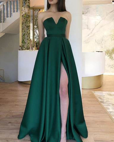 Strapless Prom Dress Floor Length Satin Evening Gown With Slit – alinanova