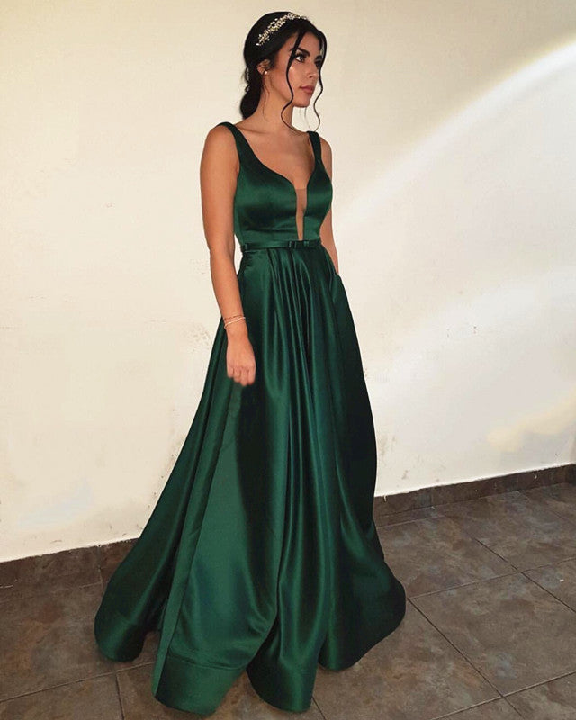 satin emerald green prom dress