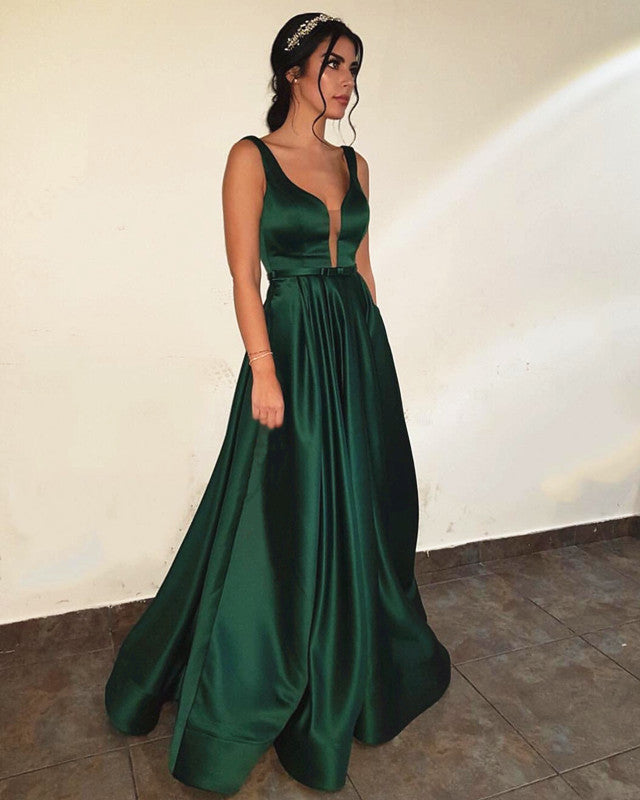 green satin evening dress