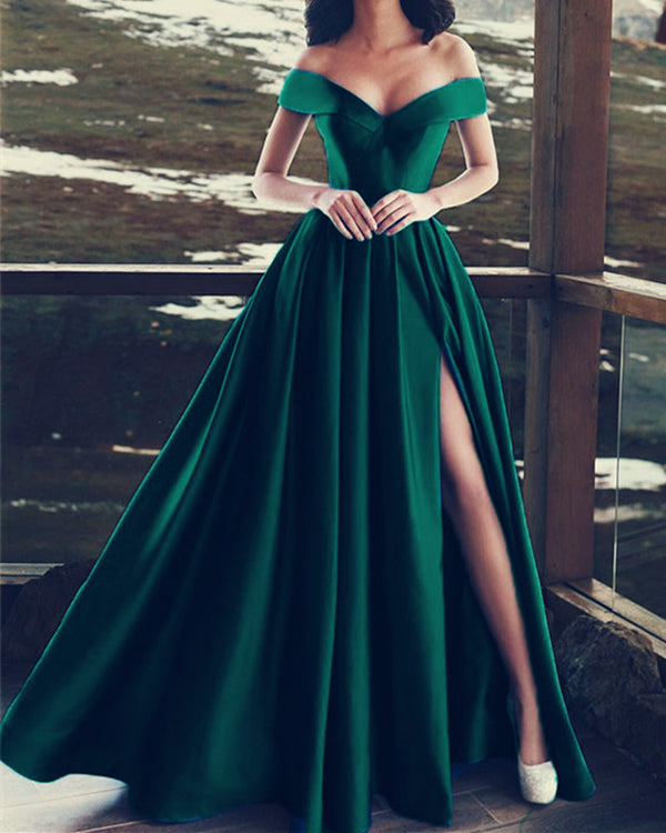 Elegant V Neck Off The Shoulder Long Satin Prom Dresses Alinanova 