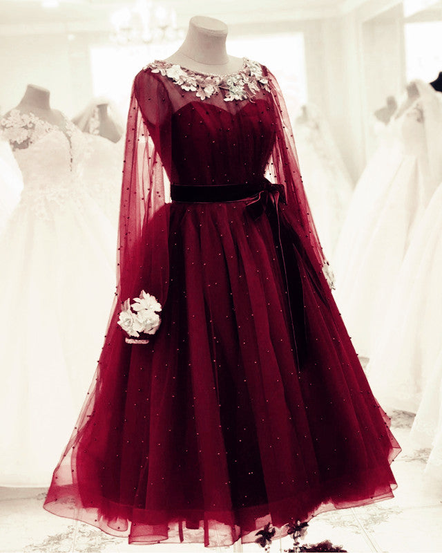 burgundy tea length formal dress