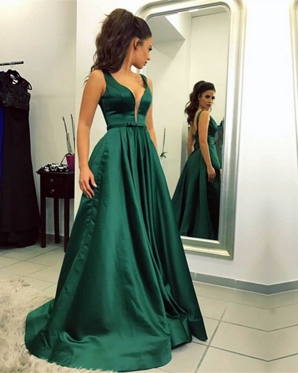 Emerald Green Prom Dresses Long Satin Open Back Formal Evening Gowns