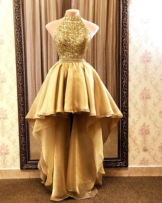 high low gold prom dresses