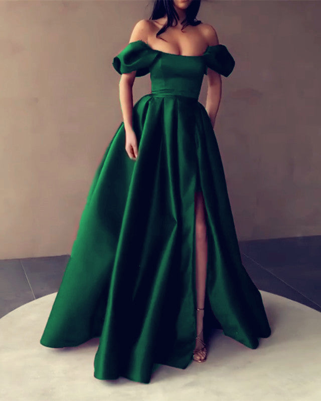 green satin dress long