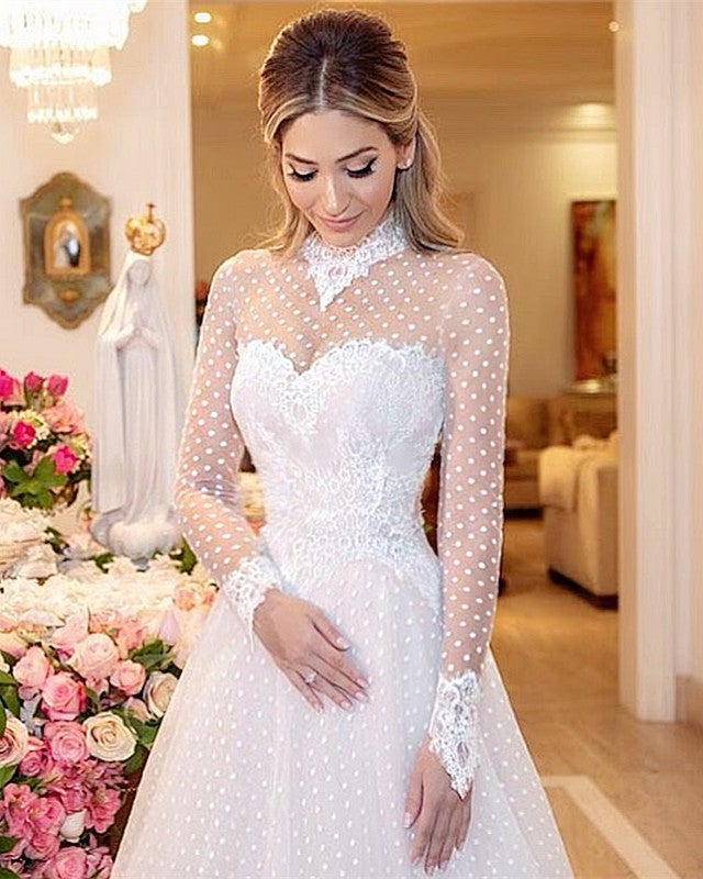 High Neck Long Sleeves Tulle Princess Wedding Dress Lace Edge – alinanova