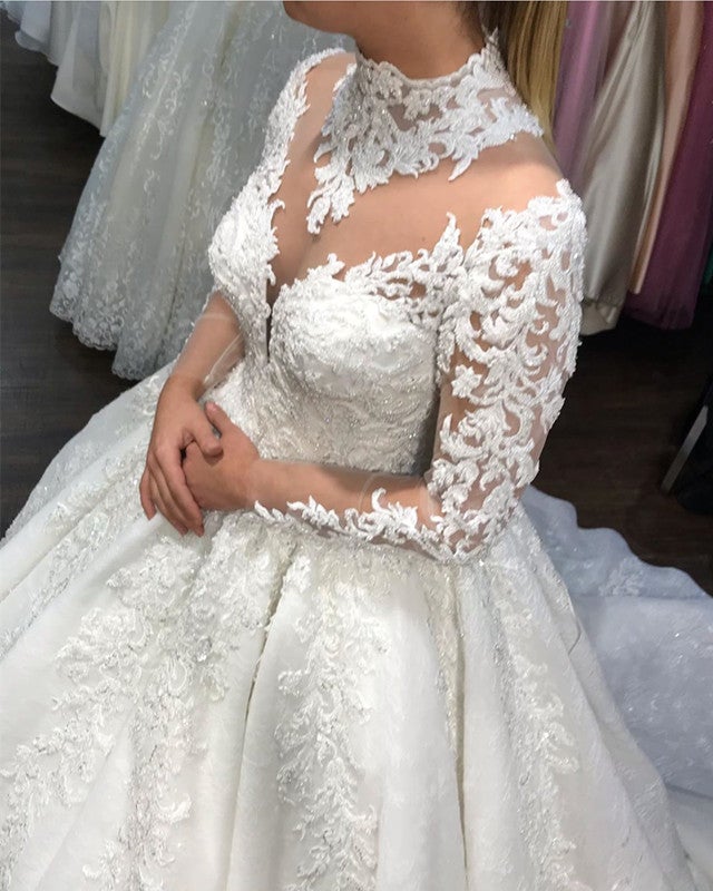 High Neck Wedding Dress Lace Long Sleeves Ball Gown – alinanova