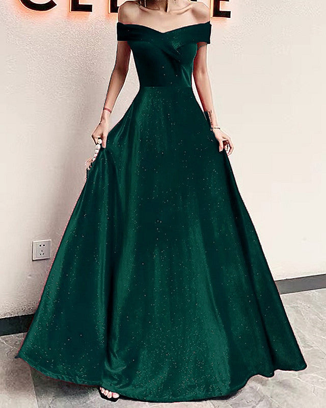 green off the shoulder velvet dress